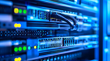 Naklejka premium Closeup Of Modern Server Rack With Glowing Lights