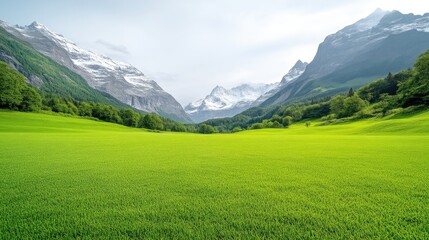 Lush green valley nestled between snow-capped mountains