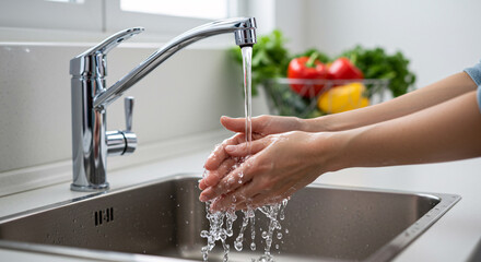 Hands Washing Under Running Water in Kitchen Sink &ndash; Cleanliness and Hygiene Concept

