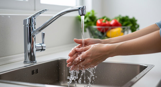 Hands Washing Under Running Water in Kitchen Sink &ndash; Cleanliness and Hygiene Concept

