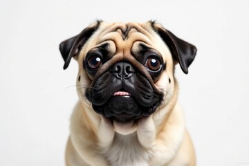 Solo pug, alert expression, pure white backdrop, puppy, head