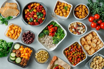 Fototapeta premium An array of vibrant plant-based dishes showcases fresh vegetables, grains, and legumes arranged on a contemporary grey surface. This nutritious selection emphasizes colorful ingredients
