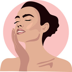 Vector minimalistic illustration of woman gently touching her face with closed eyes, enjoying skin care procedure. beauty, health and cosmetics theme