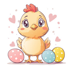 Happy Easter card with cute baby chicken and colored eggs.