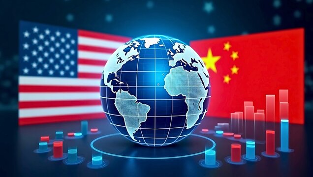 U.S.-China trade and tariff concept: Symbolic Globe with National Flags, Bar Graphs, and Technological Overlay Highlighting Trade Dynamics and Global Competition of Tariff