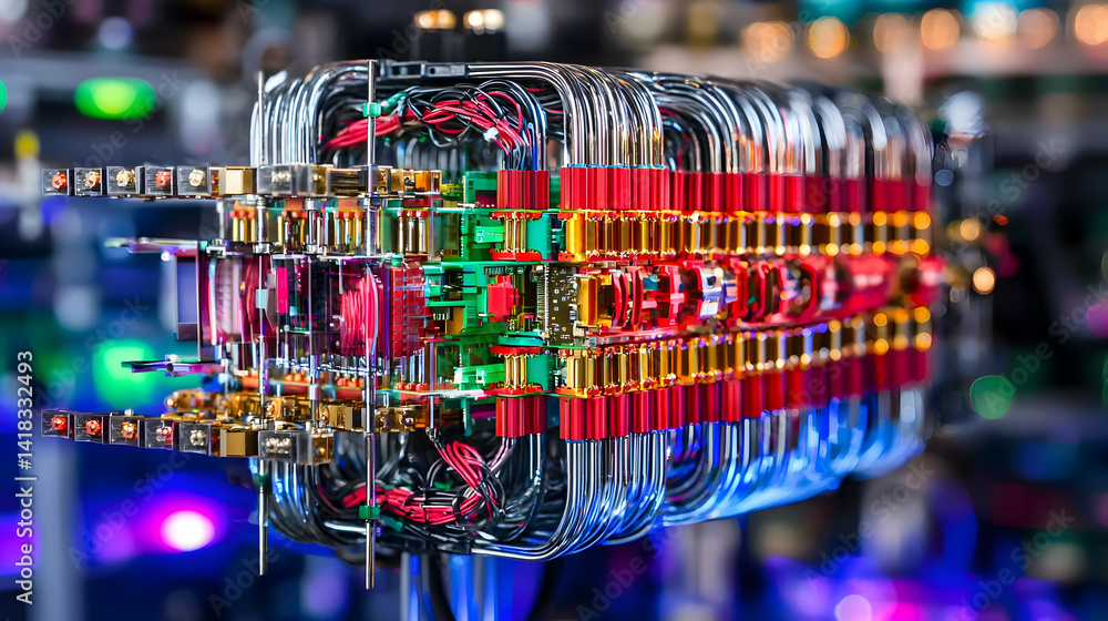 Poster complex technological device displaying colorful components