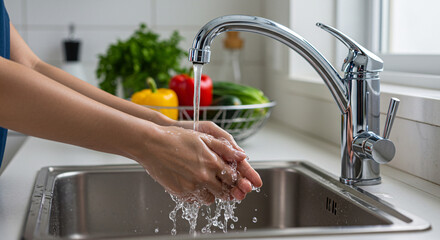 Hands Washing Under Running Water in Kitchen Sink &ndash; Cleanliness and Hygiene Concept

