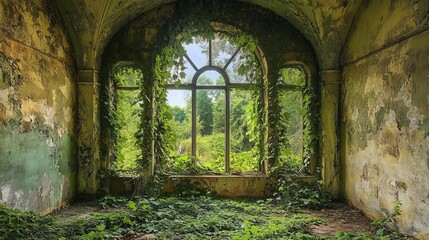 Overgrown Abandoned Building Room Lush Greenery Sunlight Window View Nature Reclaimed Decaying Old Architecture Interior Design Romantic Eerie        