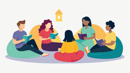In a brightly lit church bat a young adult Bible study group sits on bean bags and cushions animatedly discussing the Gospel of Mark.. Vector illustration
