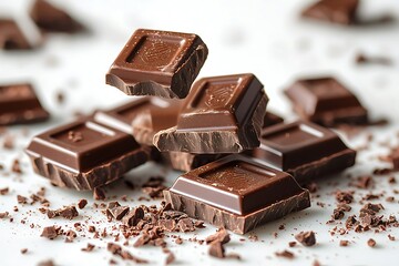 Dark chocolate squares scattered on a light surface.
