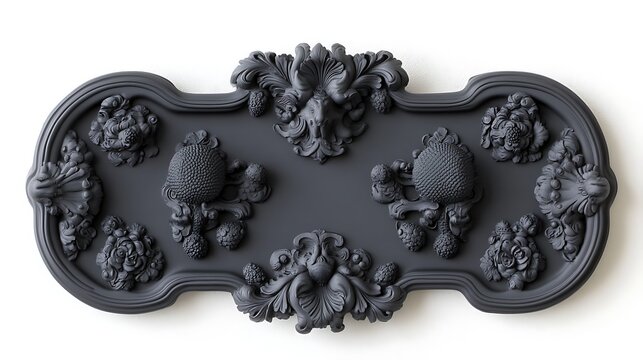 Ornate, dark gray decorative wall panel with floral and fruit motifs.