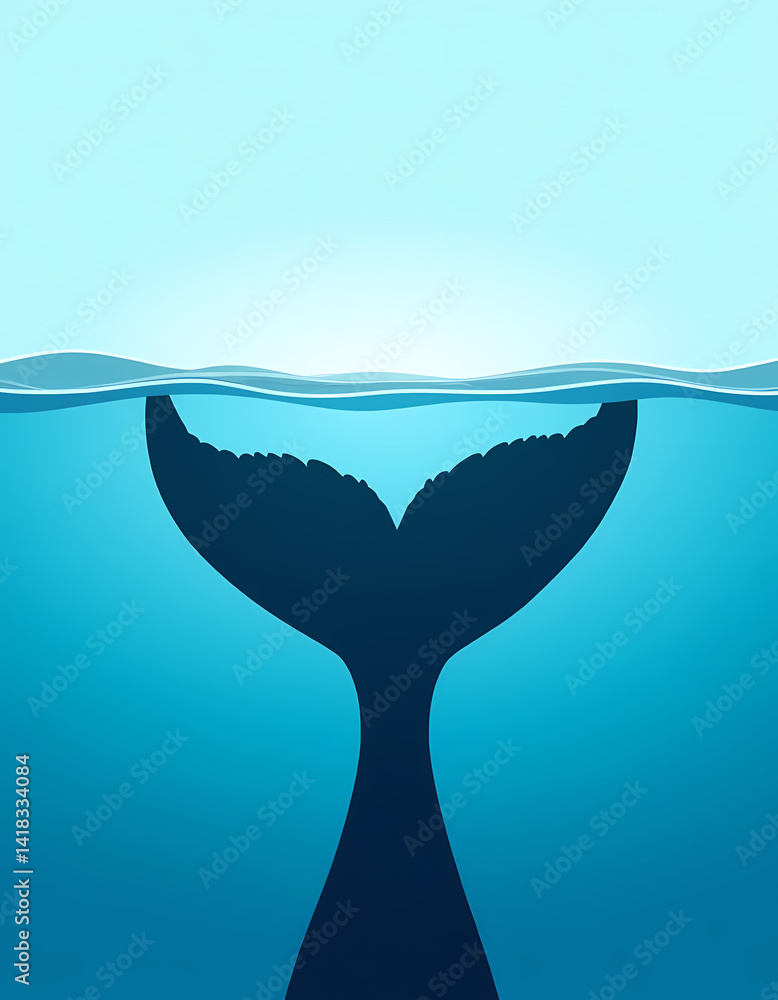 Poster Under the calm waters, a striking silhouette of a whale tail emerges as morning light casts a gentle glow above the surface, evoking a sense of awe and wonder in the ocean Generative AI