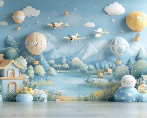 Pastel-toned children's room wallpaper featuring hot air balloons, airplanes, and a serene landscape.