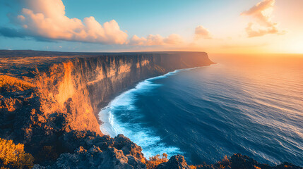 Fototapeta premium A dramatic cliffside view of the ocean, with waves crashing against the rugged rocks below