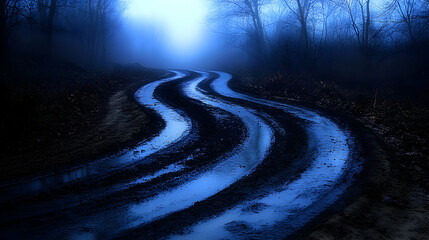 Fototapeta premium Mysterious, winding dirt road through a dark, foggy forest at twilight. A sense of mystery and the unknown.