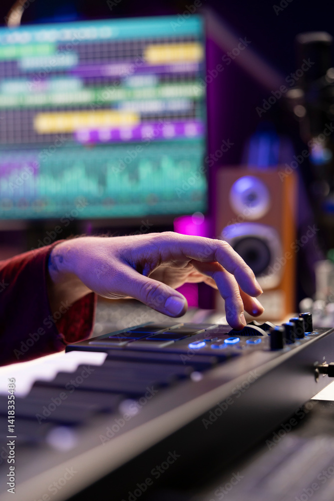 Leinwandbilder Audio engineer mixing and mastering music on daw software interface, creating cool modern tunes with acoustics and equalizer. Artist recording songs on soundboard panel in his home studio.
