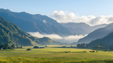 Misty Valley Landscape At Sunrise