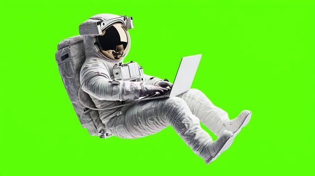 Astronauta flotando sin gravedad mientras escribe en computadora port&aacute;til, fondo verde croma. 