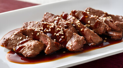 Succulent Slices of Beef Steak Drizzled with Flavorful Sauce and Garnished with Sesame Seeds