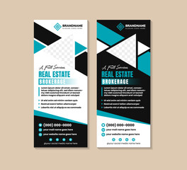 A full services real estate brokerage agency roll up or pull up banner design template. triangle space for photo on white and black background. collection of vector illustration