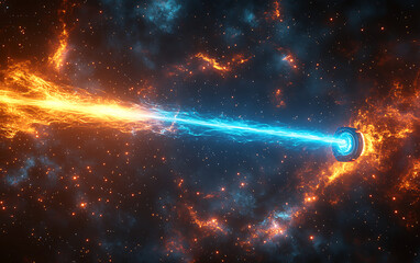 Futuristic Space Laser Beam Cutting Through Nebula with Fiery Clouds
