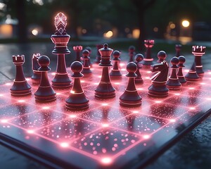 Futuristic chessboard illuminated by glowing pink lights.