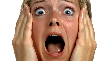 Woman's terrified expression of fear and alarm.