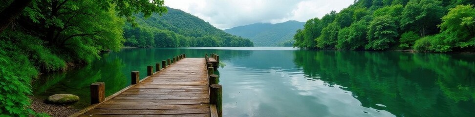 Rustic wooden pier stretches over tranquil lake, lush green foliage surrounds , pontoon, summer, boardwalk