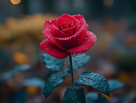A vibrant red rose, glistening with dew drops, stands amidst autumn foliage. - Powered by Adobe