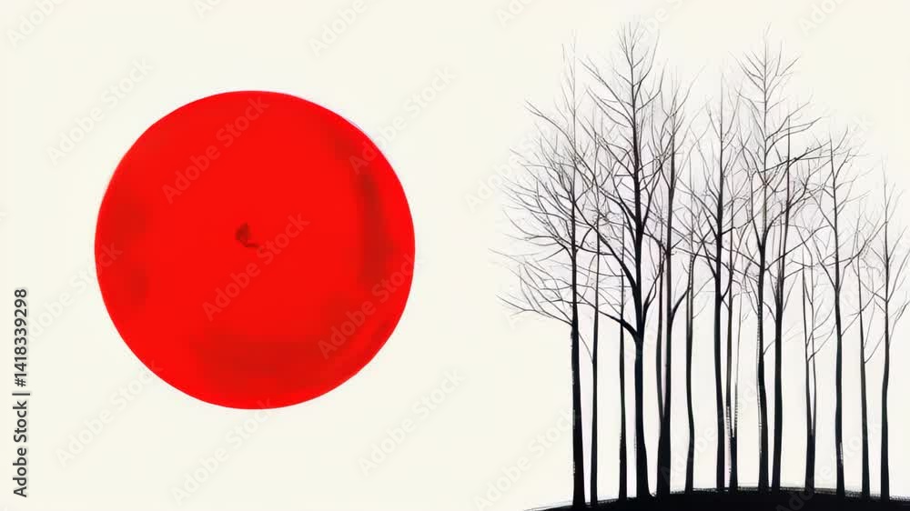 Poster red sun setting behind bare trees in serene landscape