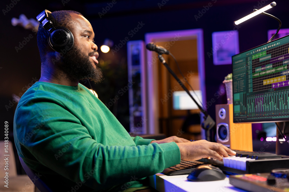 Poster music producer adding piano notes as tunes for a new melody, recording sounds on electronic synthesi