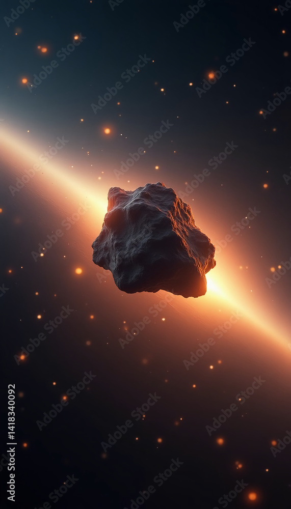 Poster an intriguing rock floats amidst a vast cosmic backdrop, illuminated by glowing starlight while cosm