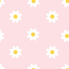 Seamless pattern with white daisies on soft pink background. Cute minimal floral repeat for textile, wrapping or wallpaper design.