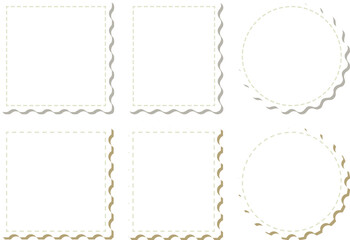 点線が入った影付きの正方形と長方形と丸の切手のフレームセット