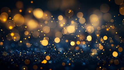 Abstract dark blue and gold bokeh background with glitter.