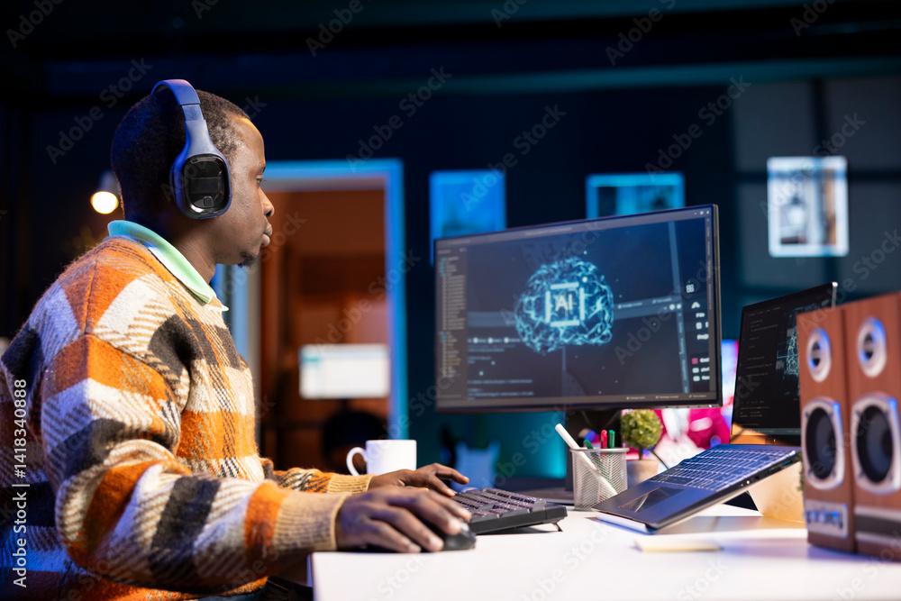 Poster african american worker at desk using personal computer for programming and data analysis. male netw