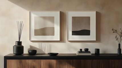 Stylish 3D scene featuring blank posters and wooden furniture in minimalist home interior, great for creative mockups and product promotion visuals
