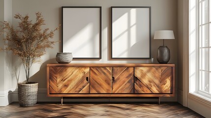 Stylish 3D scene featuring blank posters and wooden furniture in minimalist home interior, great for creative mockups and product promotion visuals
