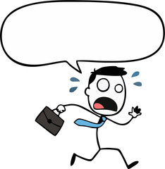 Scared Cartoon Stick Figure Businessman Running Away with Empty Speech Bubble