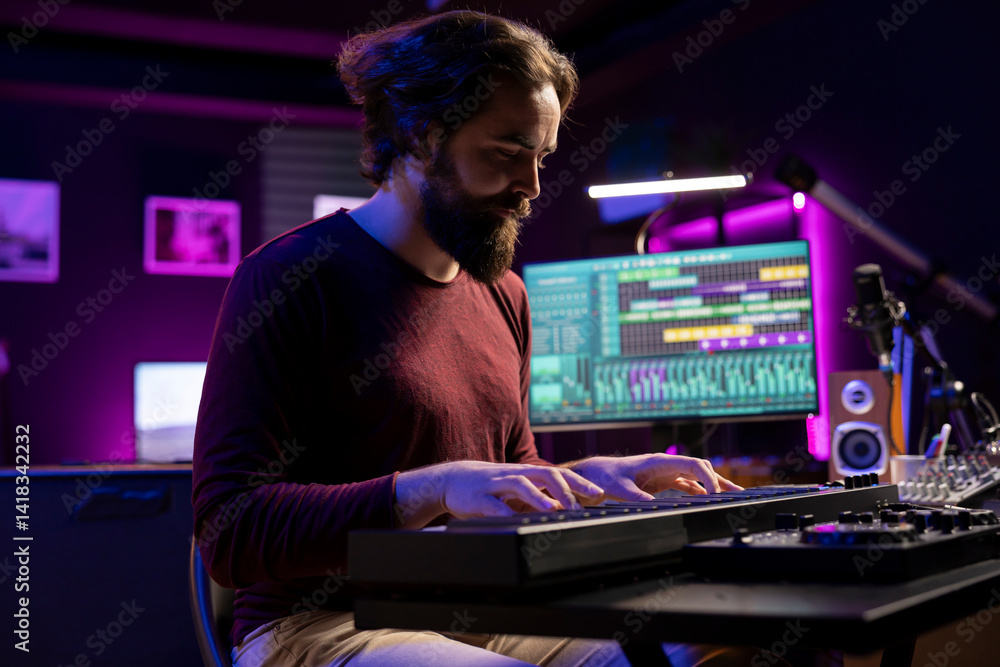 Leinwandbilder skilled artist creating new music on electronic midi controller in home studio, recording songs with