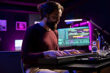 Skilled artist creating new music on electronic midi controller in home studio, recording songs...