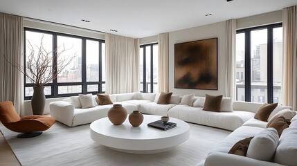 Fototapeta premium Elegant 2025 Scandinavian-inspired minimalist living room with oversized sofa and floor-to-ceiling windows for interior design and real estate branding 