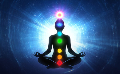 Silhouette of Meditating Woman with Seven Chakras Radiating Cosmic Energy