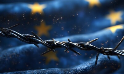 Symbolic image of EU flag behind barbed wire representing immigration limits, trade conflict, and geopolitical tension
