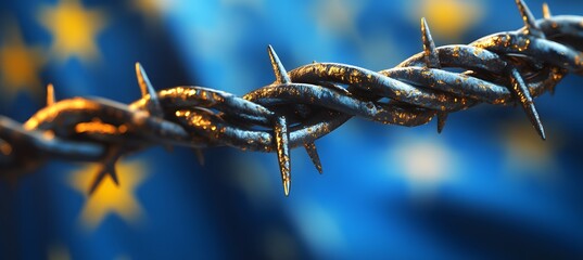 Symbolic image of EU flag behind barbed wire representing immigration limits, trade conflict, and geopolitical tension
