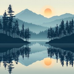 Serene mountain lake landscape at sunrise.
