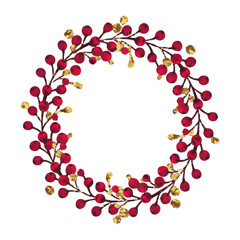 Red and gold berry wreath on a white background