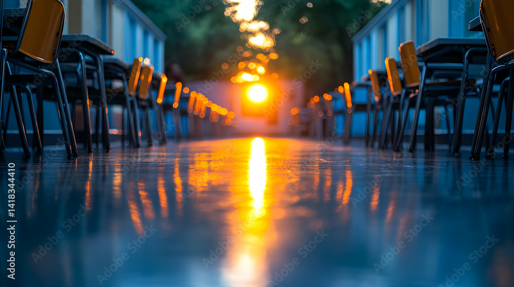Poster serene sunset view reflecting on wet floor between rows of empty chairs at an outdoor cafe.
