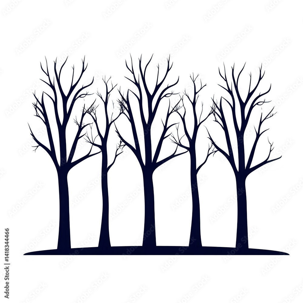 Poster row of bare trees with intricate branches creates stark silhouette against plain background, evoking