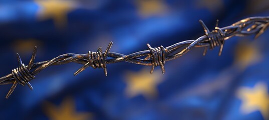 Obraz premium Powerful visual concept of barbed wire against European Union flag for campaigns on economic sanctions, migration, and policy awareness 